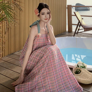 New Thai Sanya Beach Holiday Loose Retro Lattice Long Hanging Neck Tset Dress Summer